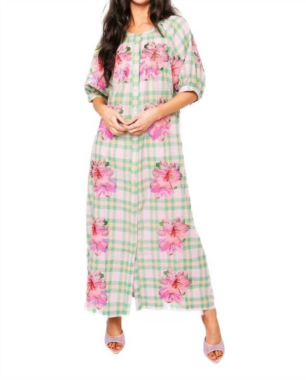 NEW QUEEN OF SPARKLES plaid azalea button up midi cotton dress in green